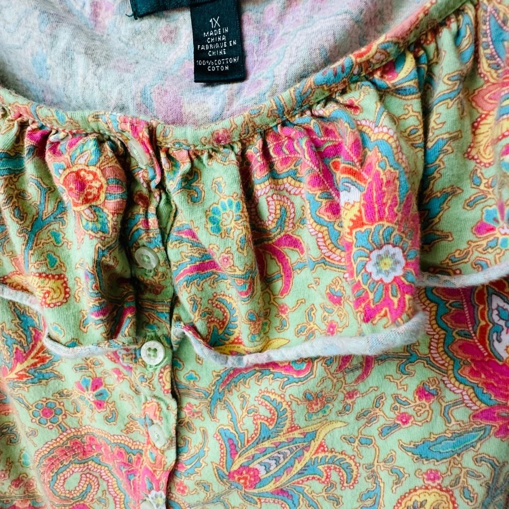 Vintage 90s Y2K Lauren Ralph Lauren 1X Plus Paisley Ruffle Neck Cotton Knit Top